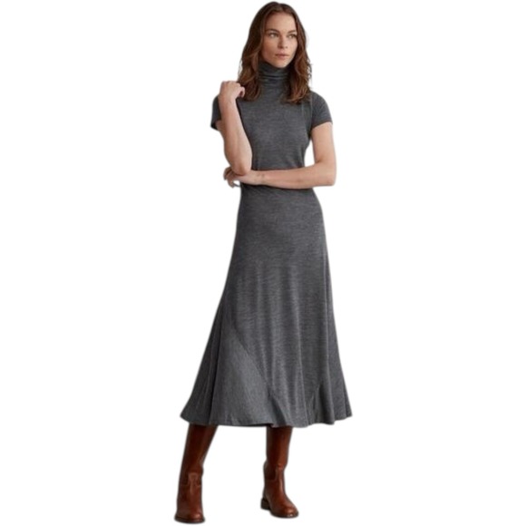 New Polo Ralph Lauren Wool Blend Gray Turtleneck Fit & Flare Midi Dress XS $298 - Picture 1 of 7